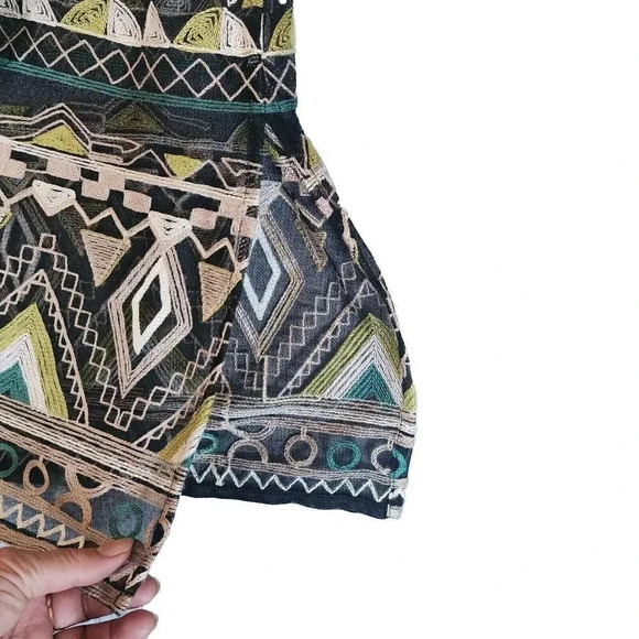Catherine Top Women's Black Green 3/4 Sleeve Aztec Pattern Kimono Embroidered - Picture 8 of 11